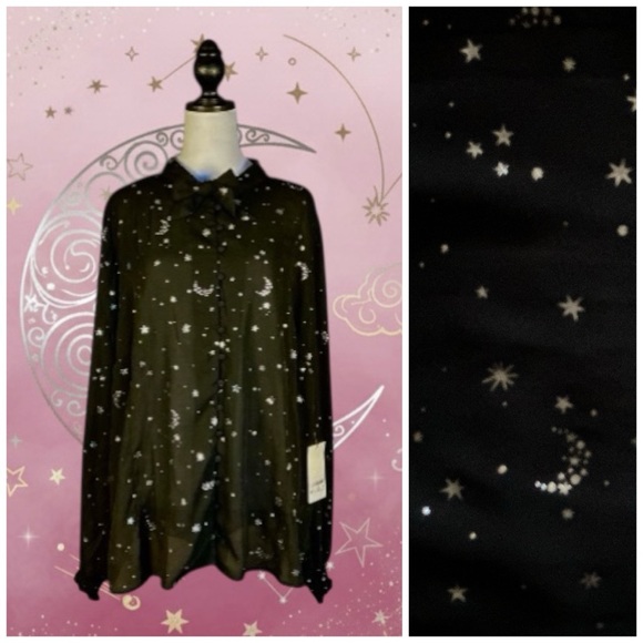 Unique Vintage Tops - Unique Vintage NWT Black & Silver Star Moon Foil Print Bow Long Sleeve Top 4X
